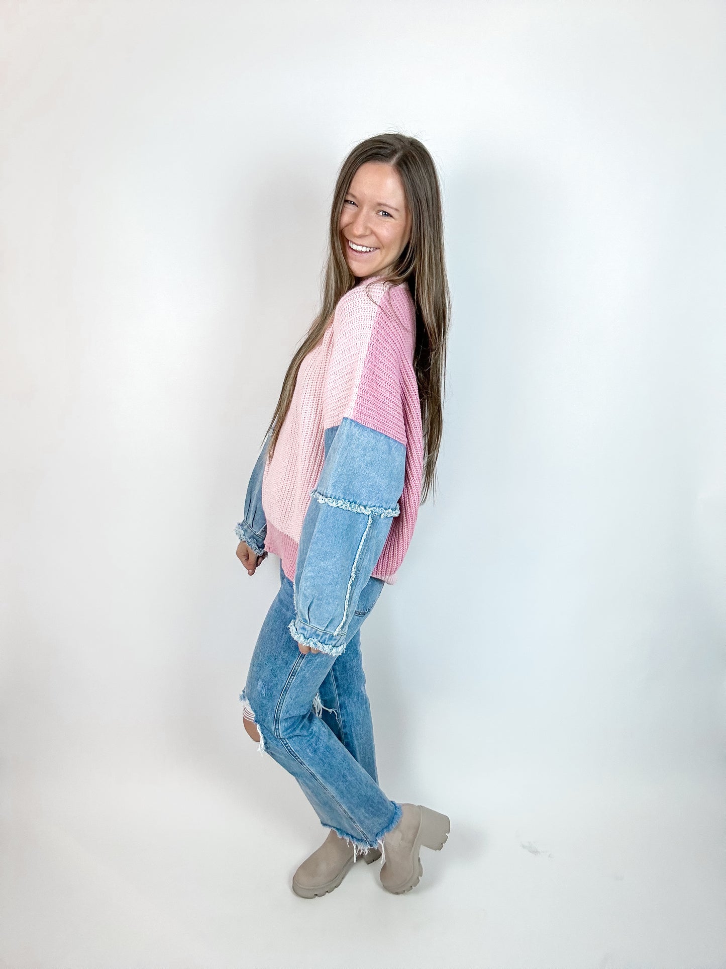 Head Turner Denim Sweater | Pink
