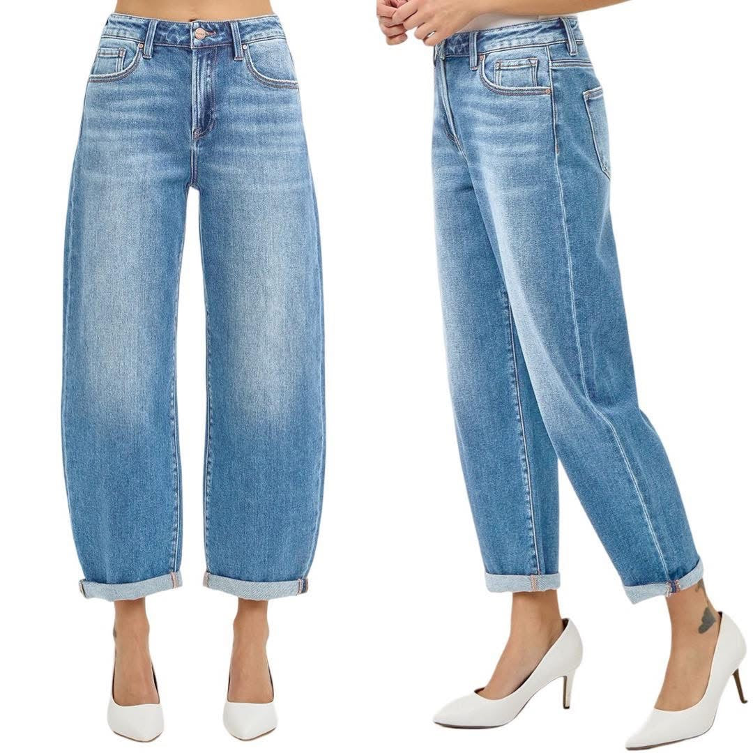 Risen High-Rise Cuffed Barrel Jeans