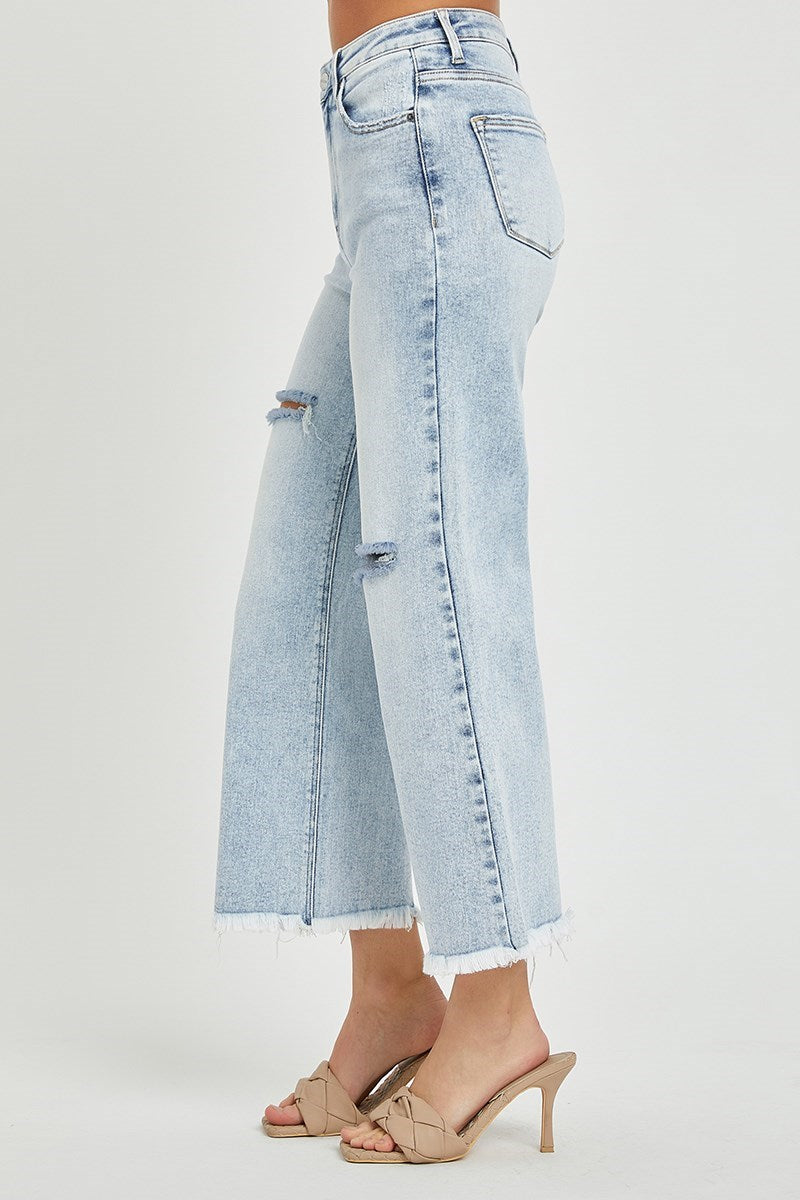 Risen High-Rise Frayed Crop Wide Leg Jeans