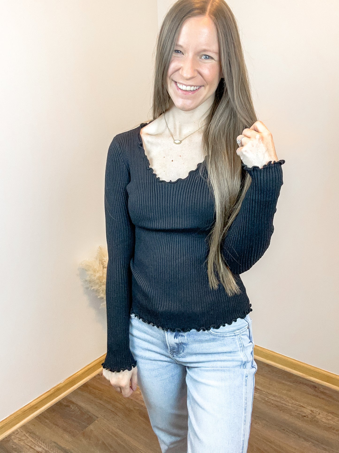 Adalie Lettuce Edge Knit Long Sleeve | Black