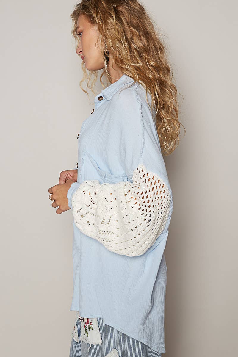 Venice Crochet Button Up Top | Cloud Blue