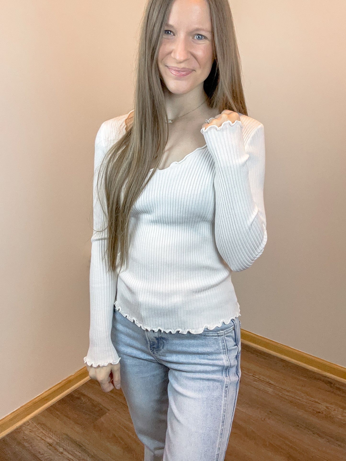 Adalie Lettuce Edge Knit Long Sleeve | White