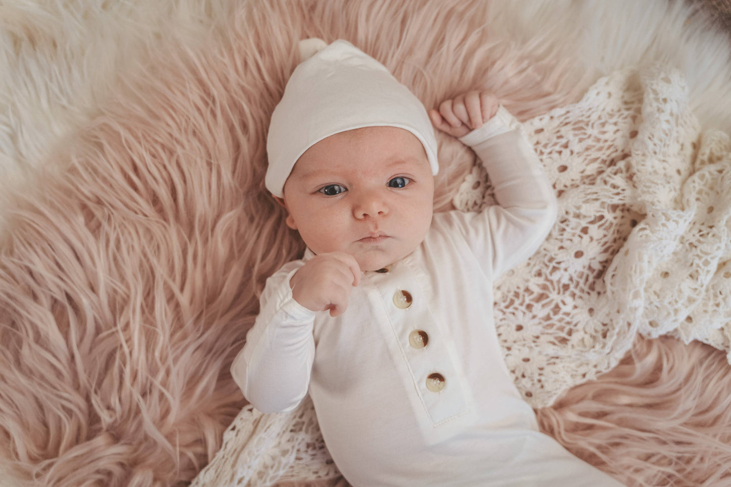 Knotted Baby Gown + Hat/Headband Set | White