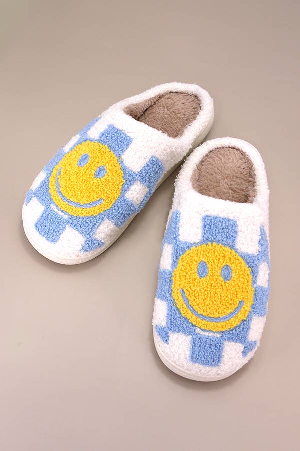 Smiley Checker Plush Slippers | Blue