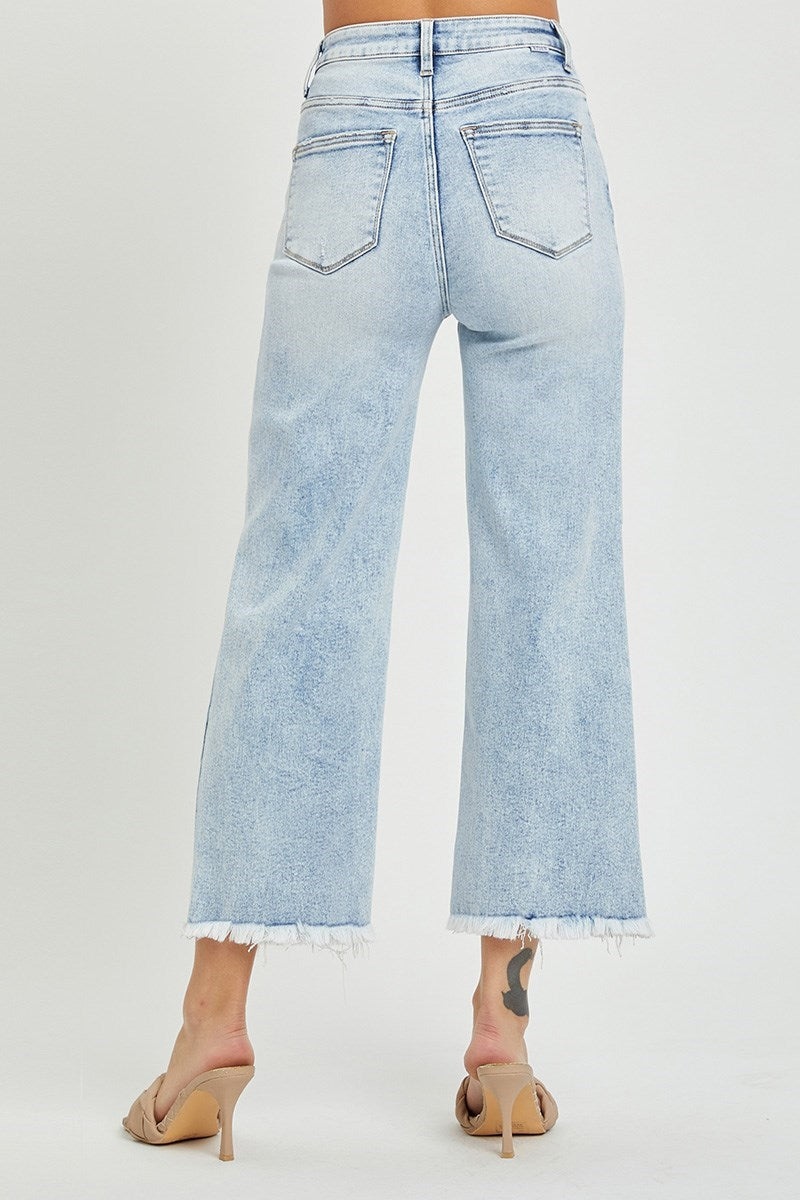 Risen High-Rise Frayed Crop Wide Leg Jeans
