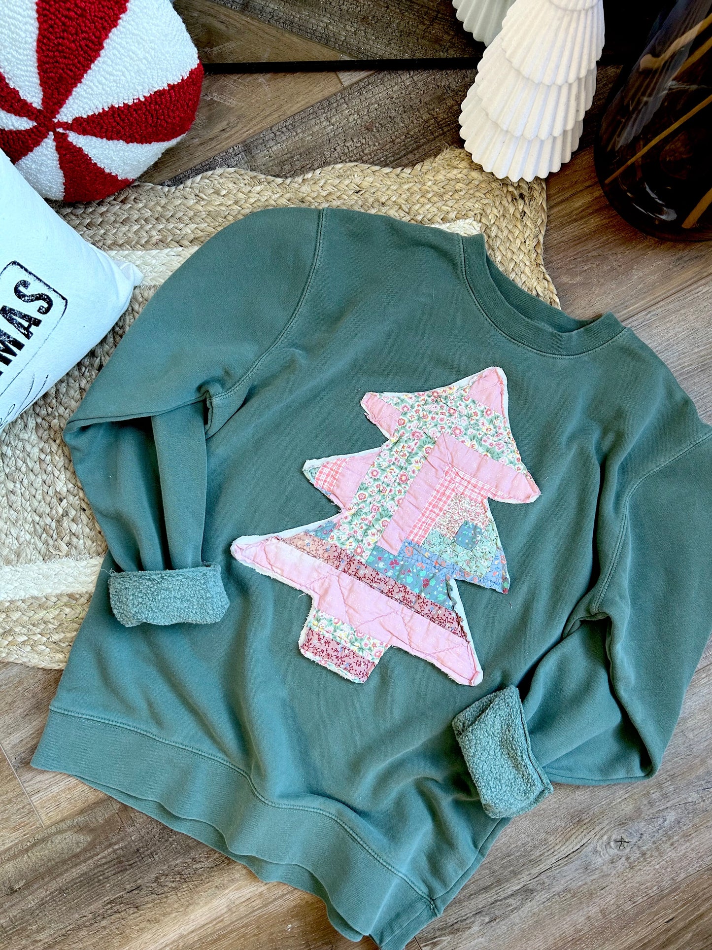 Pink Tree Quilted Patchwork Crewneck | Blue Spruce - Medium