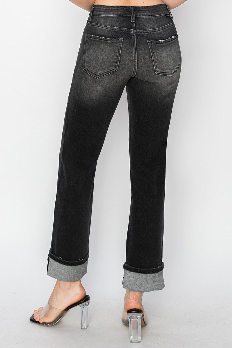 Risen High-Rise Straight Cuffed Jeans | Black