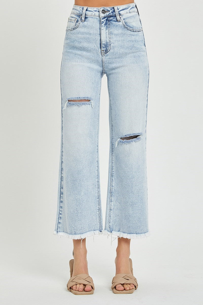 Risen High-Rise Frayed Crop Wide Leg Jeans