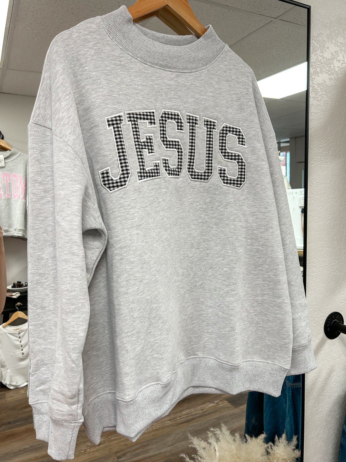 Jesus Gingham Embroidered Mock Neck