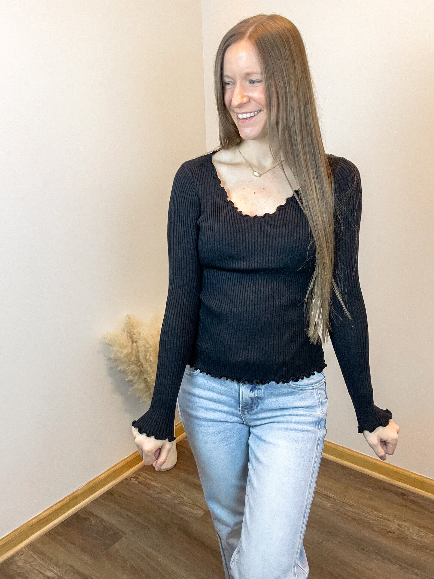 Adalie Lettuce Edge Knit Long Sleeve | Black