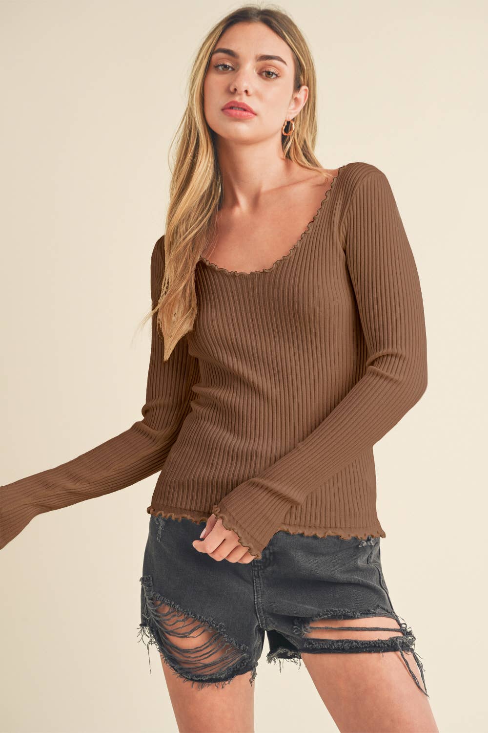 Adalie Lettuce Edge Knit Long Sleeve | Caramel