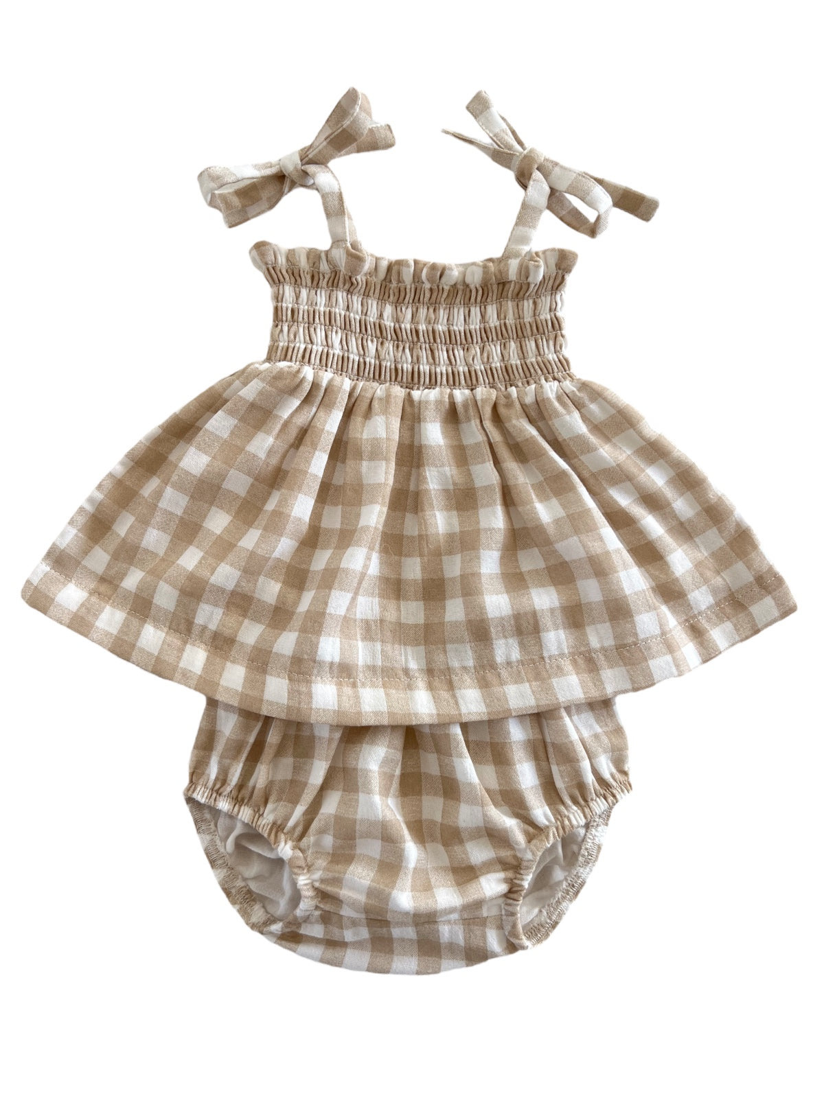 Tan Gingham Organic Cotton Smocked Set