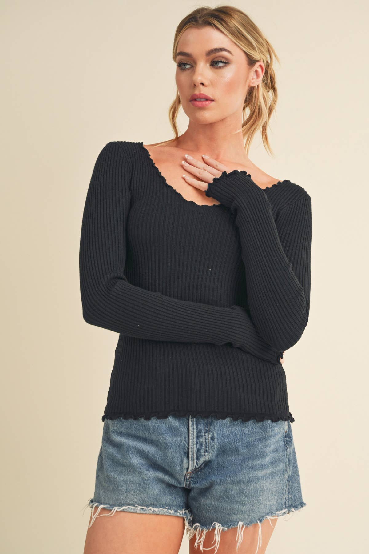 Adalie Lettuce Edge Knit Long Sleeve | Black