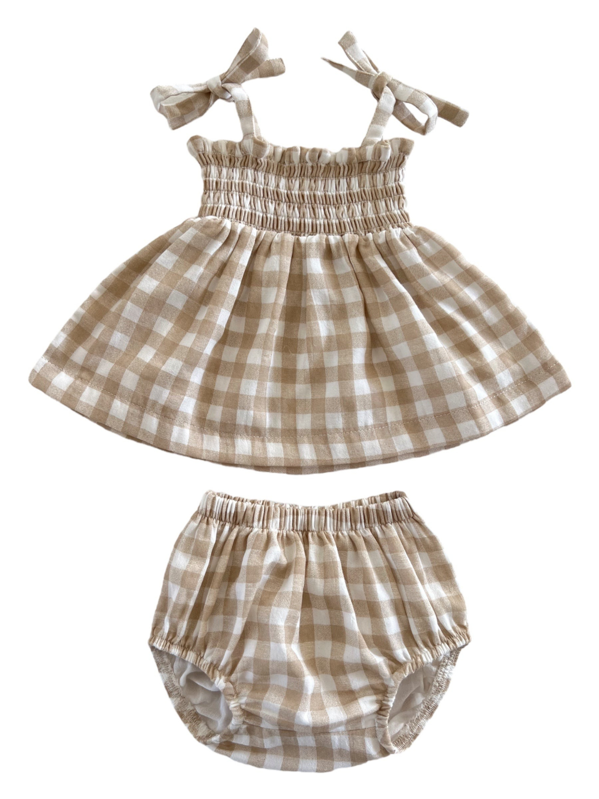 Tan Gingham Organic Cotton Smocked Set