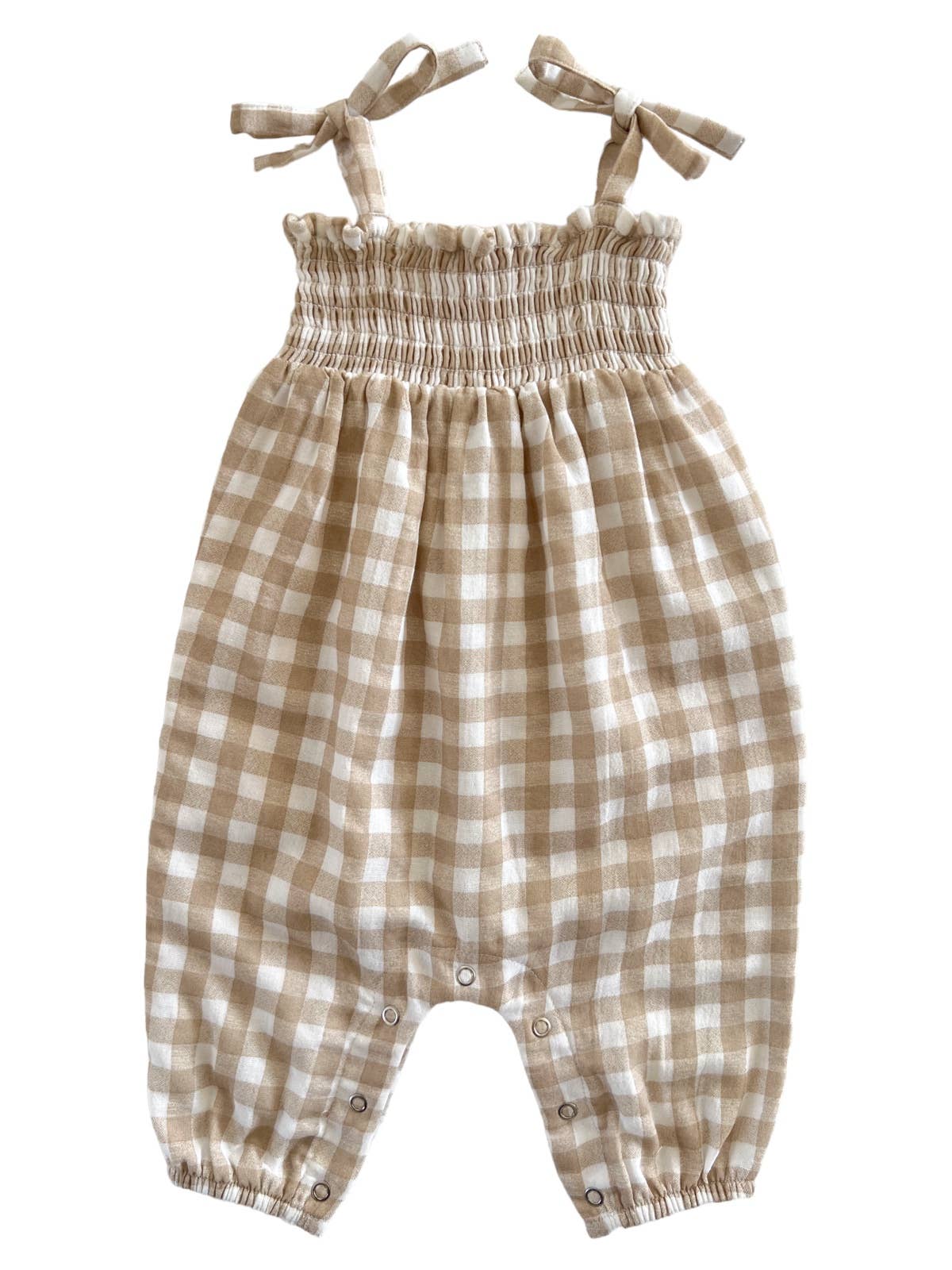 Tan Gingham Organic Cotton Smocked Jumpsuit