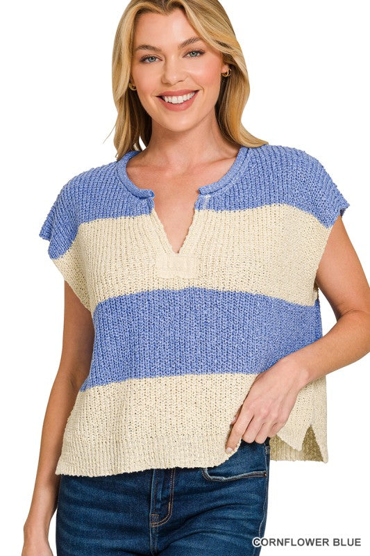 Striped Short Sleeve Sweater | Cornflower Blue