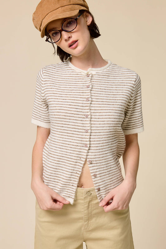 Palmer Striped Short Sleeve Cardigan | Taupe