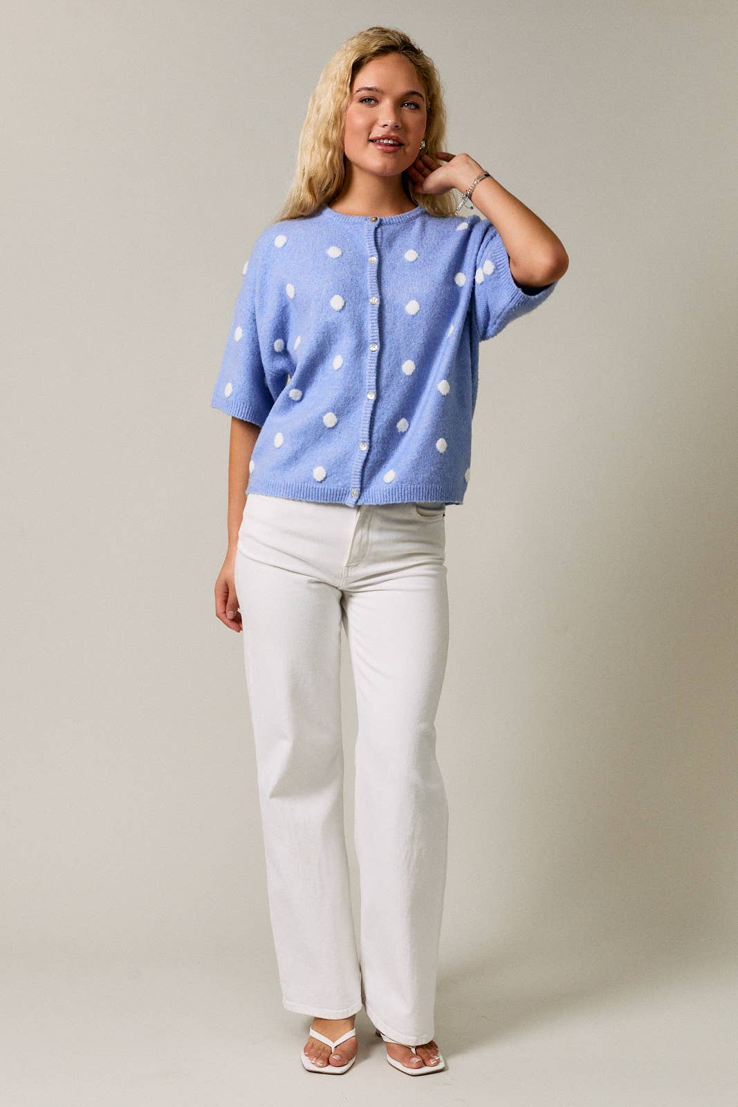 Elsa Polka Dot Sweater Cardigan Top | Blue