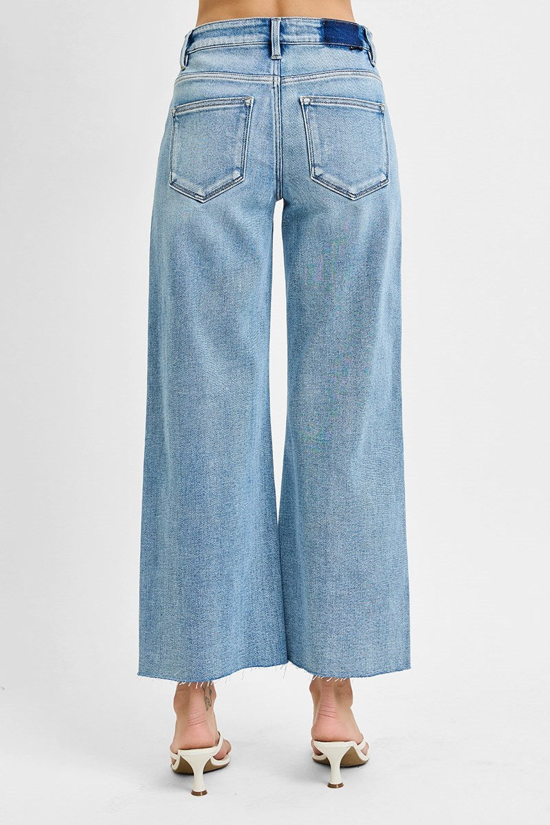 Risen Mid Rise Wide Crop Raw Hem Jeans | Light