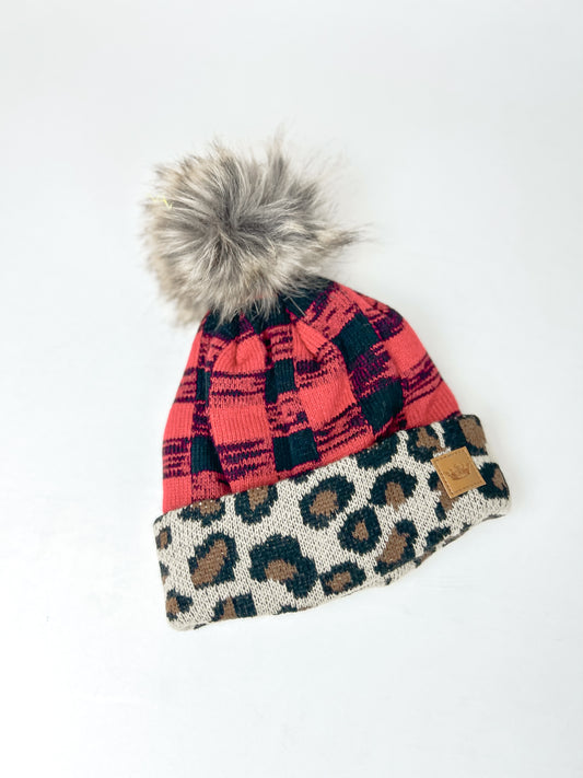 Red Buffalo Plaid Pom Hat w/ Leopard Trim