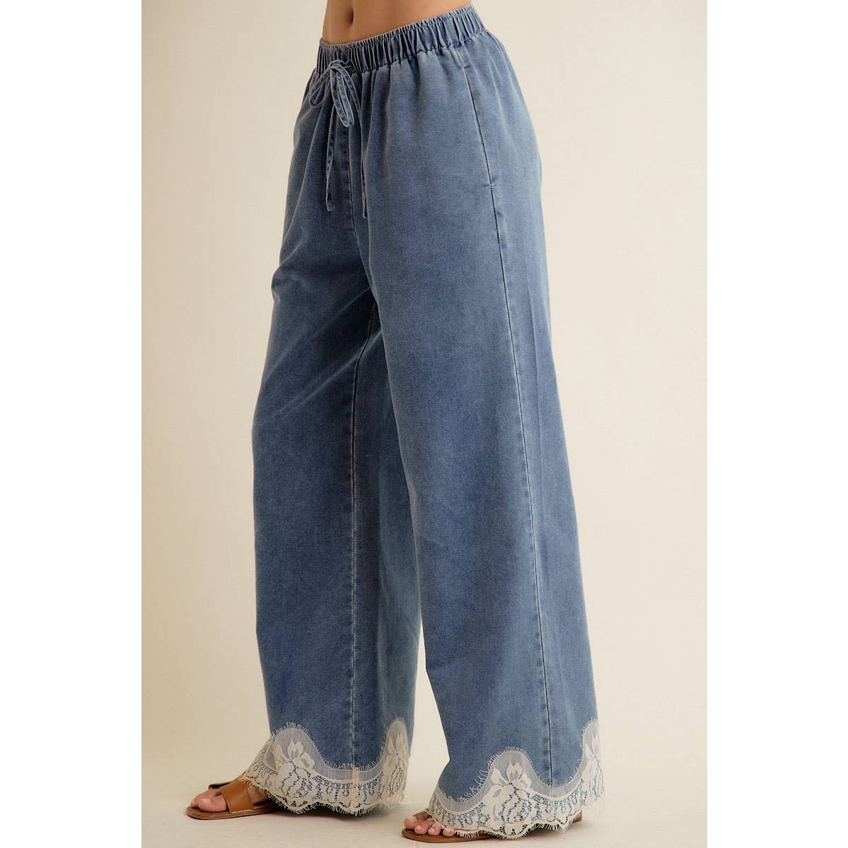 Hattie Lace Trim Wide Leg Denim Pants
