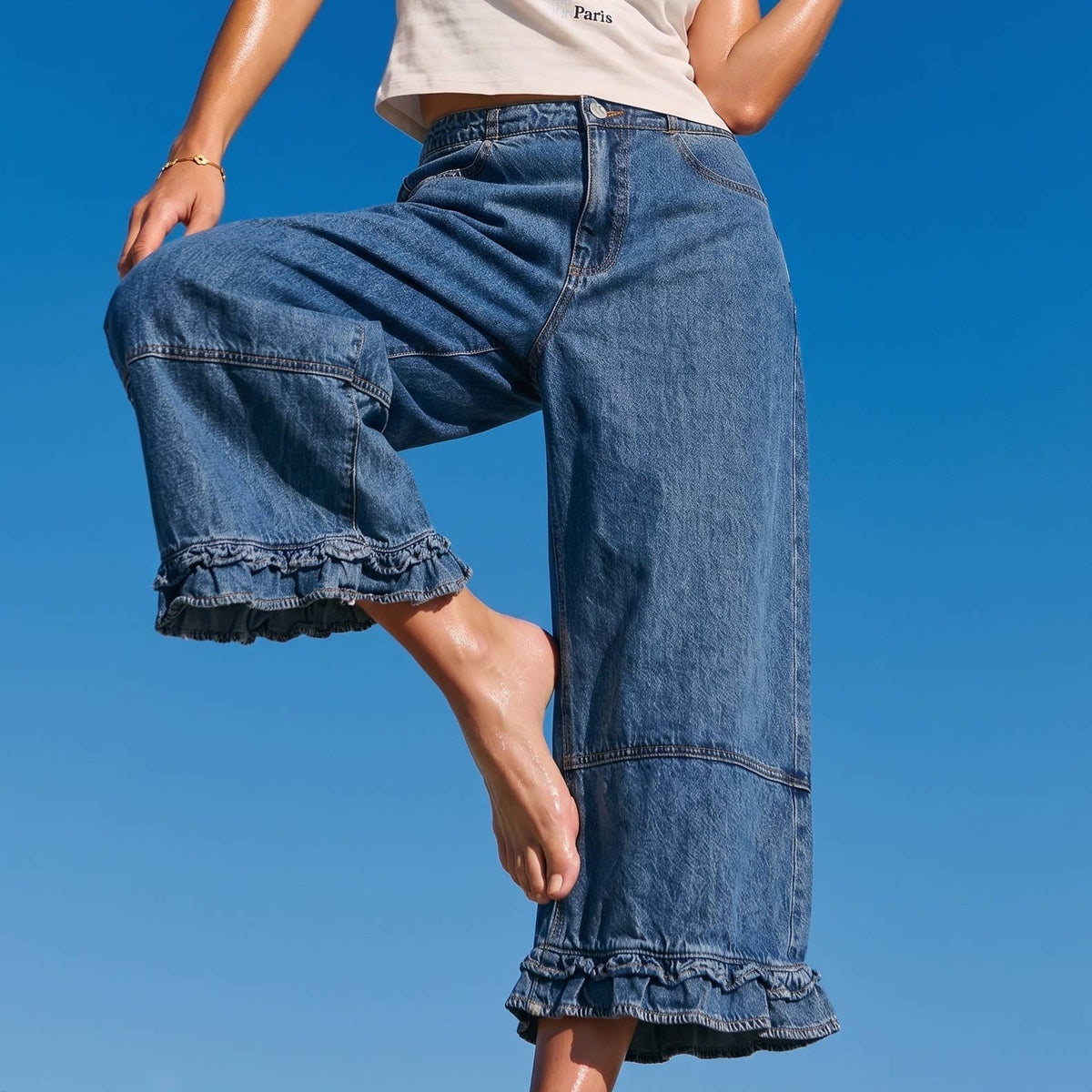 Hayes Wide-Leg Cropped Ruffle Denim