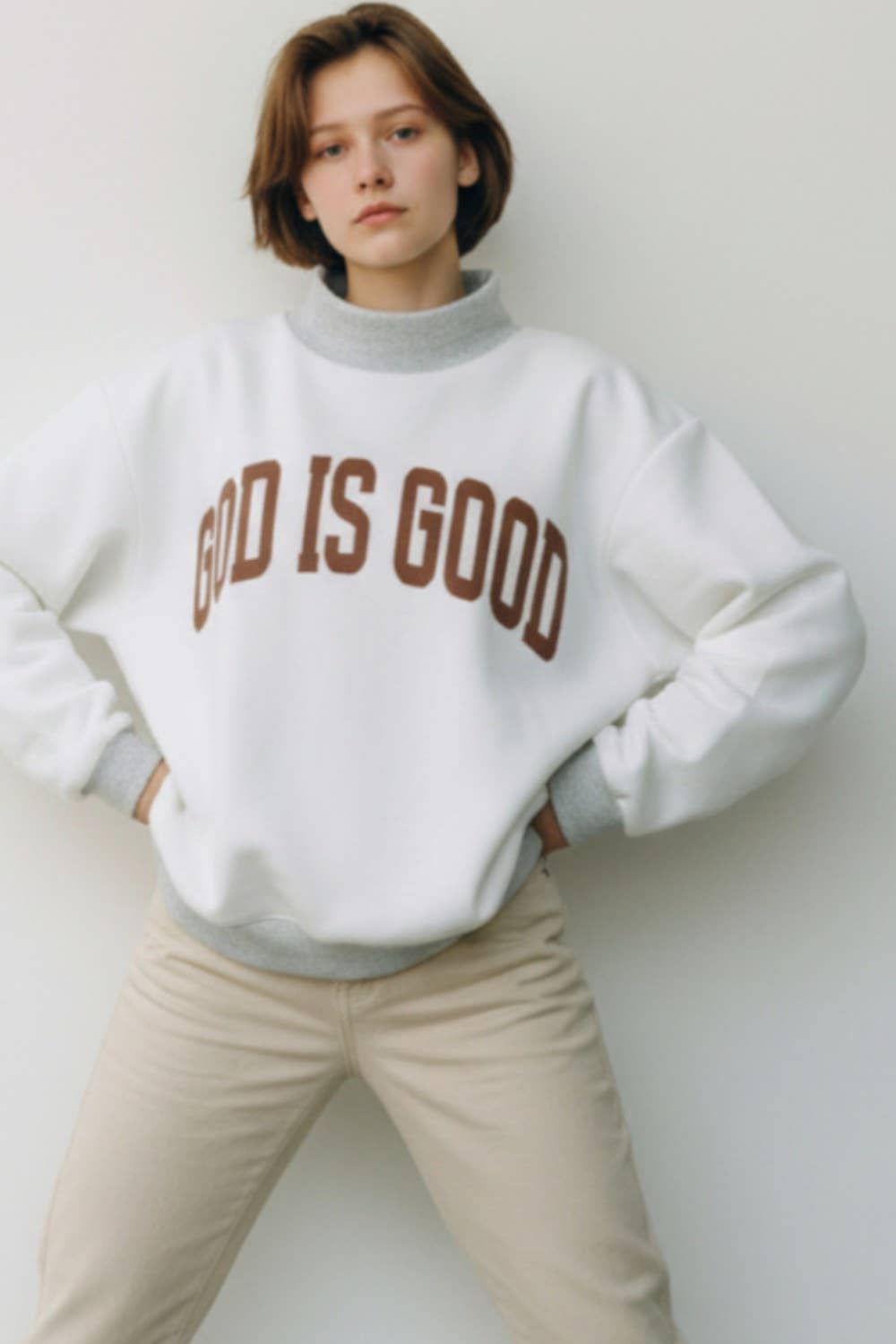 Jesus & God Is Good Reversible Mock Neck Sweatshirt | Ash/Brown