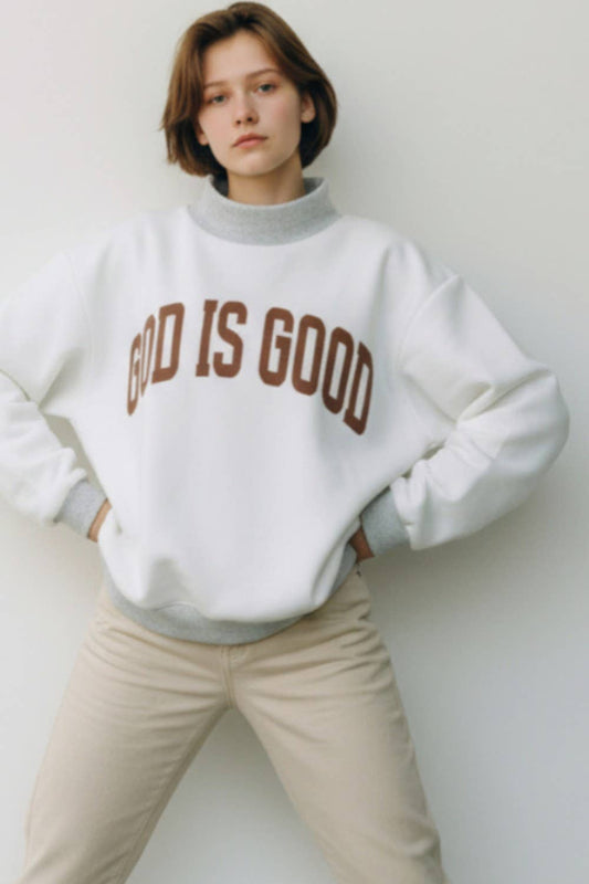 Jesus & God Is Good Reversible Mock Neck Sweatshirt | Ash/Brown