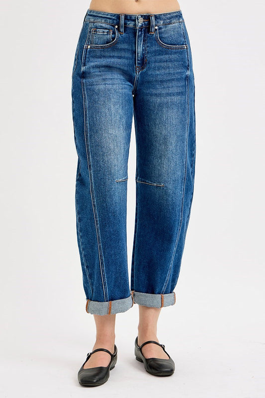 Risen High-Rise Crop Barrel Cuffed Jeans | Dark