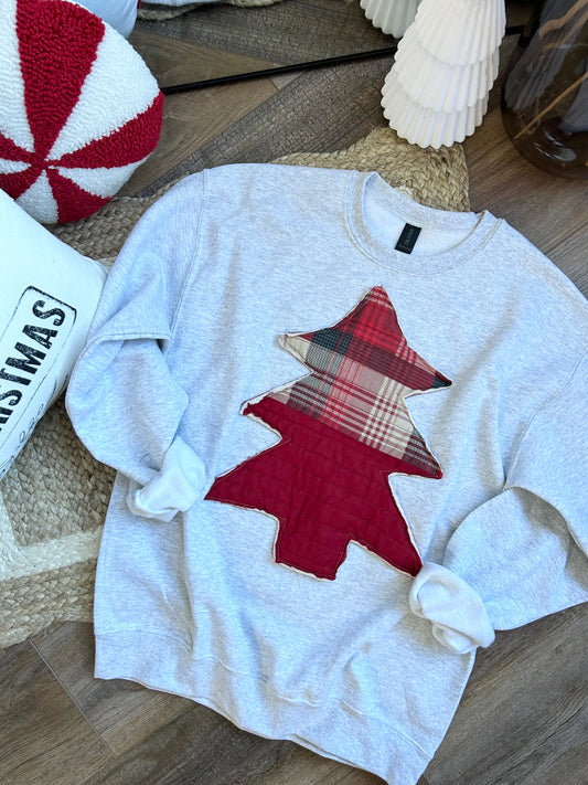 Red Tree Quilted Patchwork Crewneck | Ash Gray - Medium