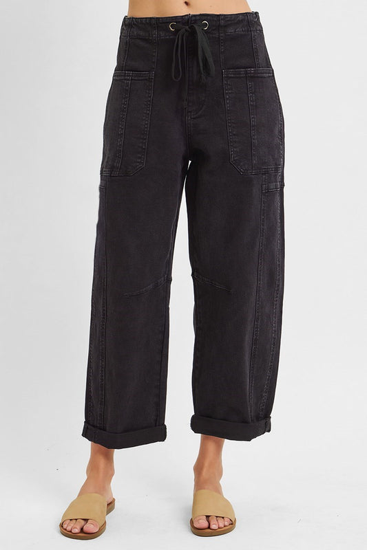 Risen High-Rise Crop Barrel Cargo Jeans | Black