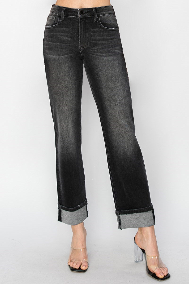 Risen High-Rise Straight Cuffed Jeans | Black