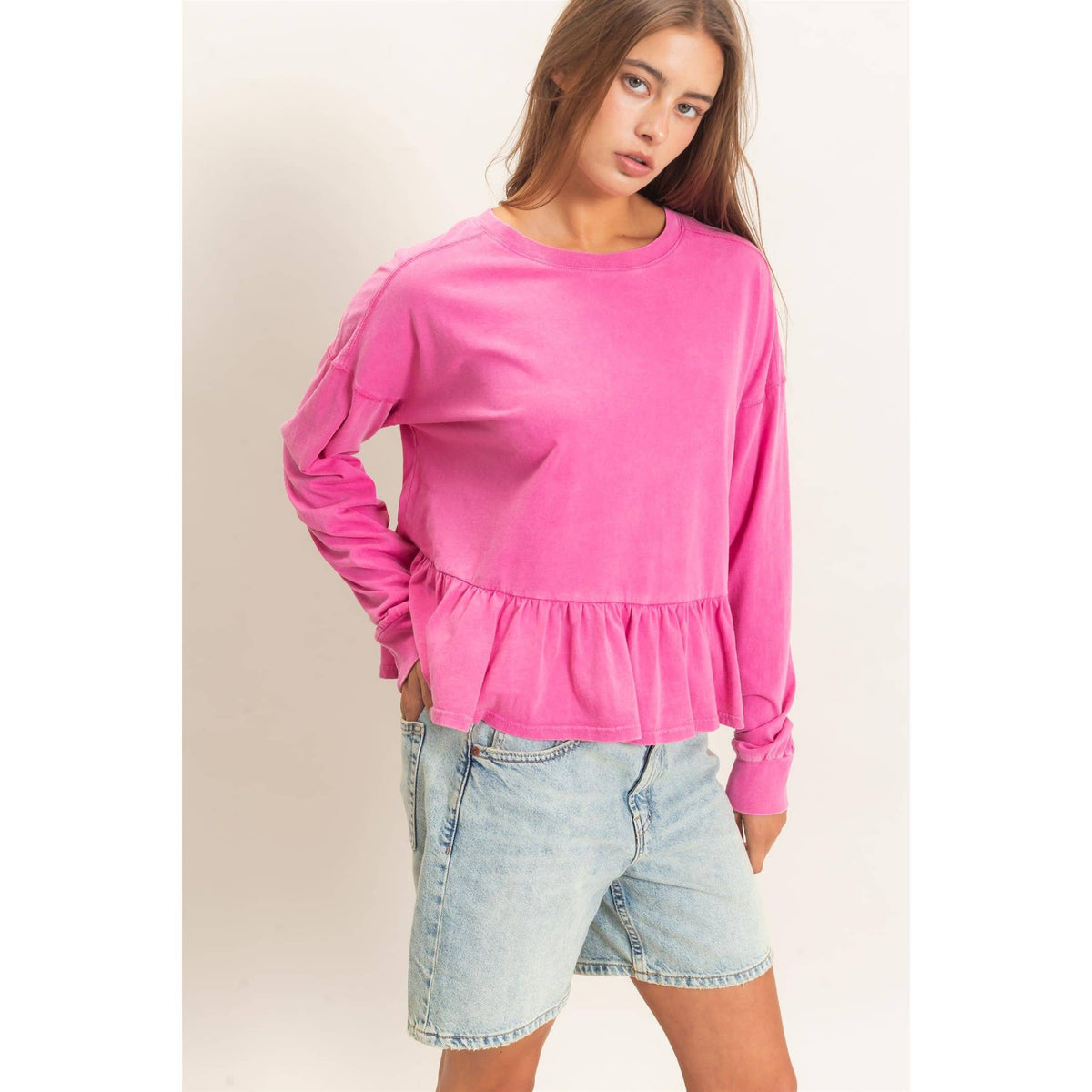 Reign Peplum Long Sleeve Top | Pink