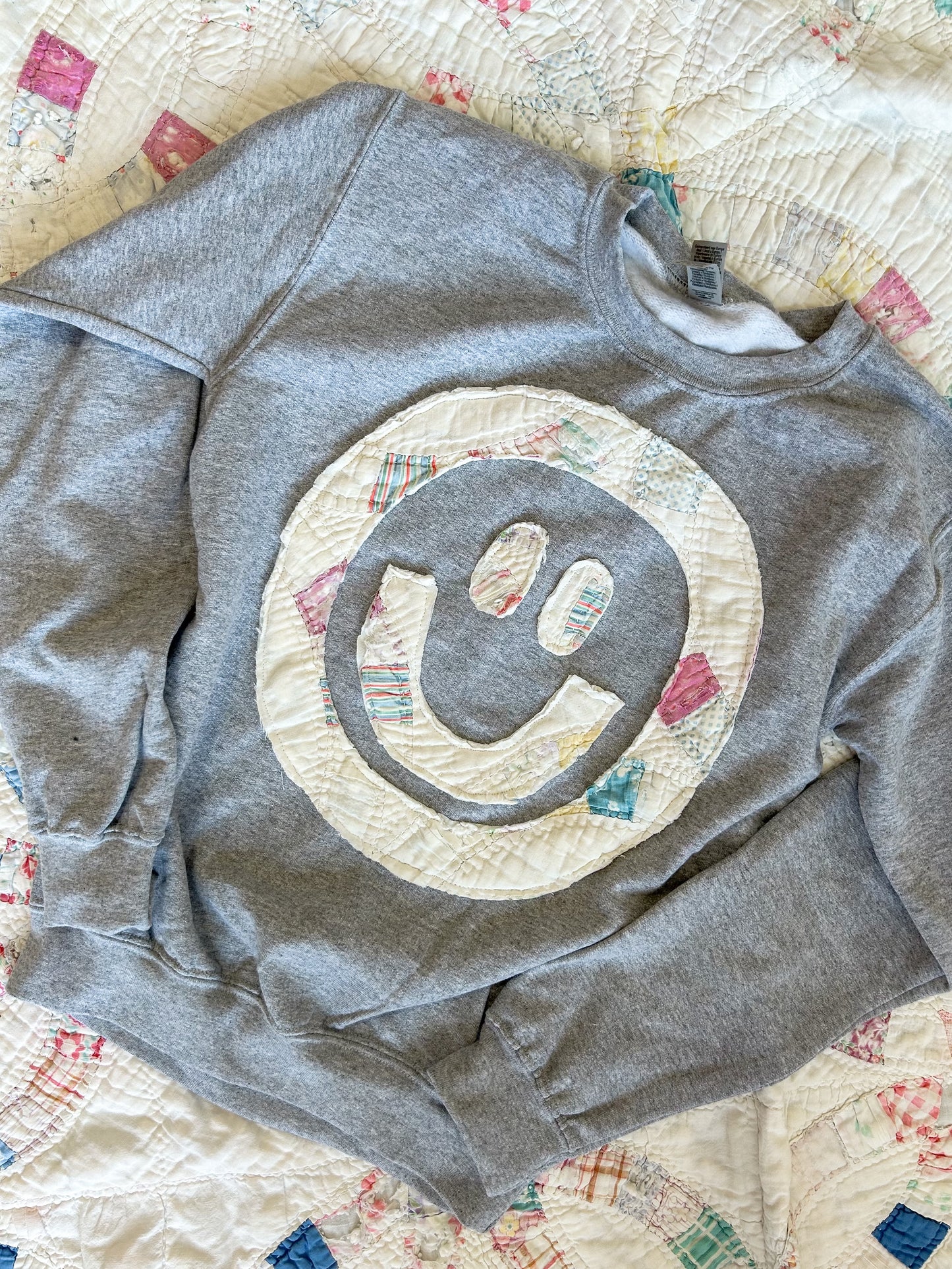 Smiley Quilted Patchwork Gray Crewneck - Adult XS