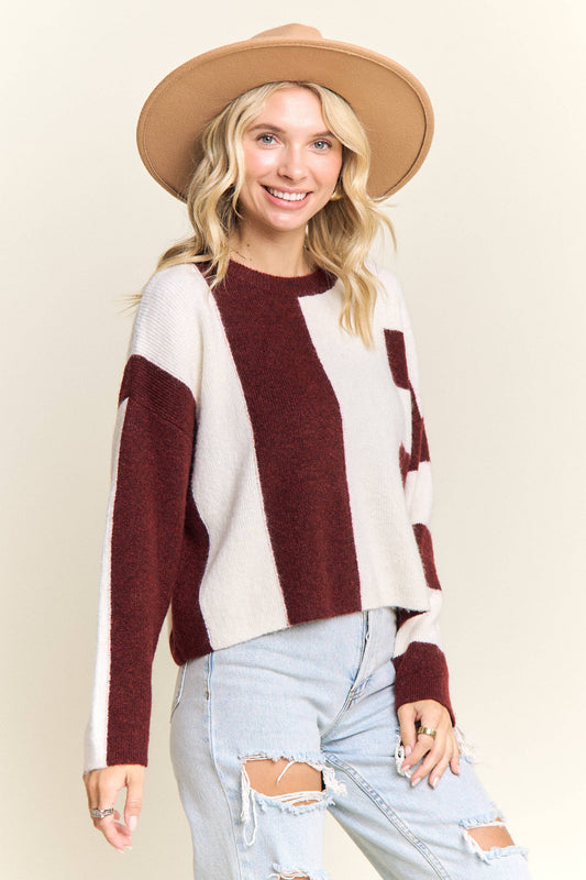 Elowen Color Block Knit Sweater | Burgundy/Ivory