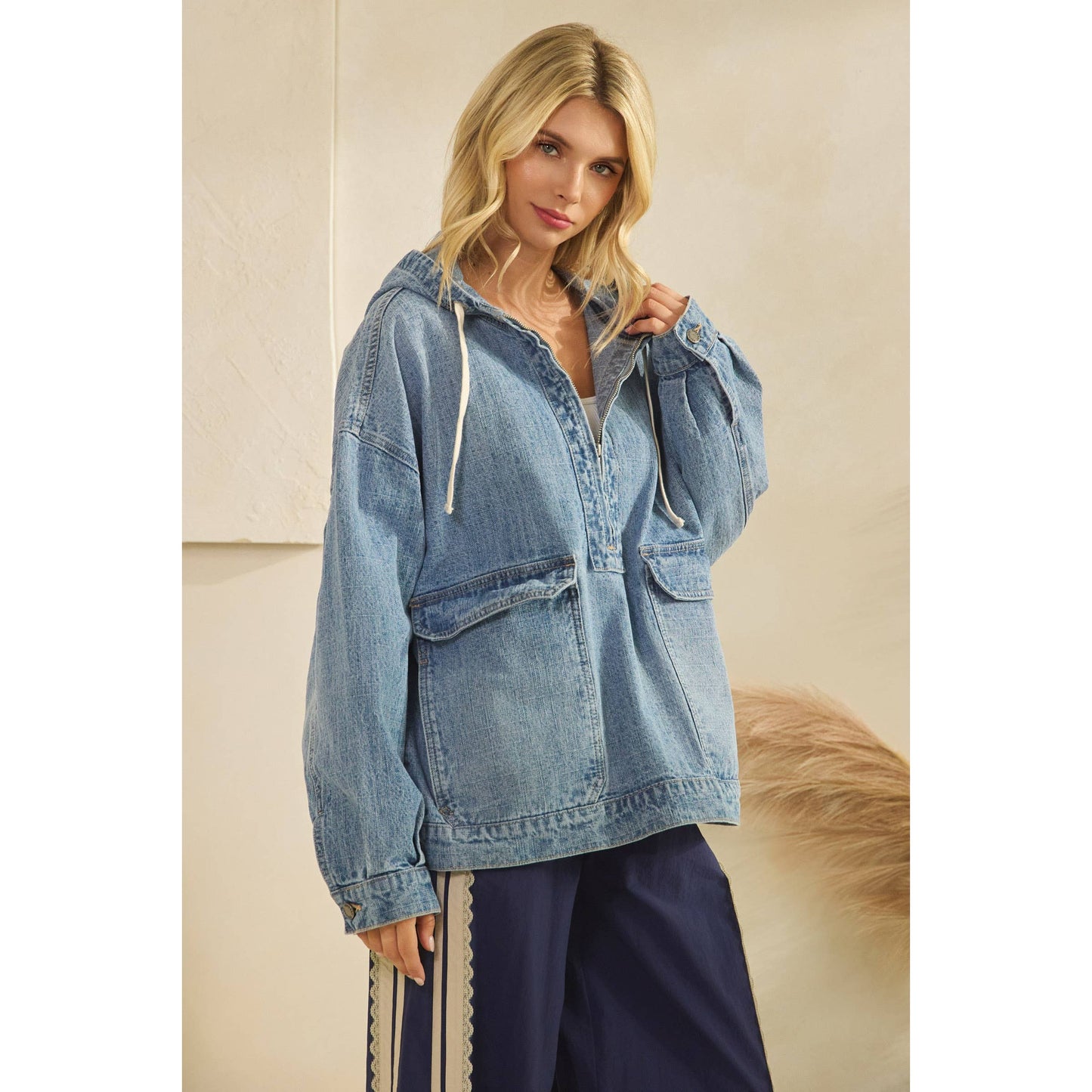 Liv Hooded Quarterzip Denim Jacket