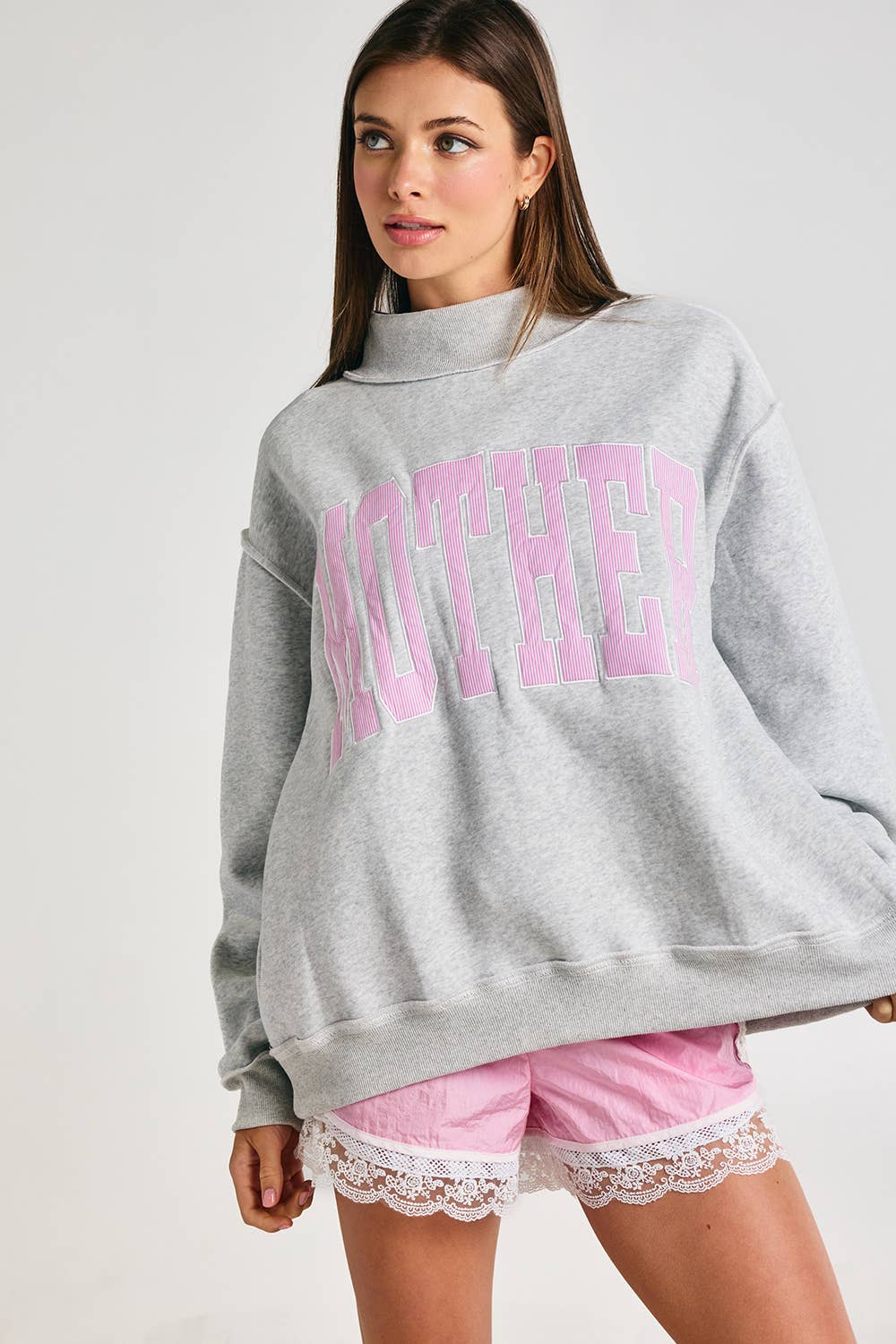 Mother Embroidered Mock Neck Sweatshirt | Grey/Pink