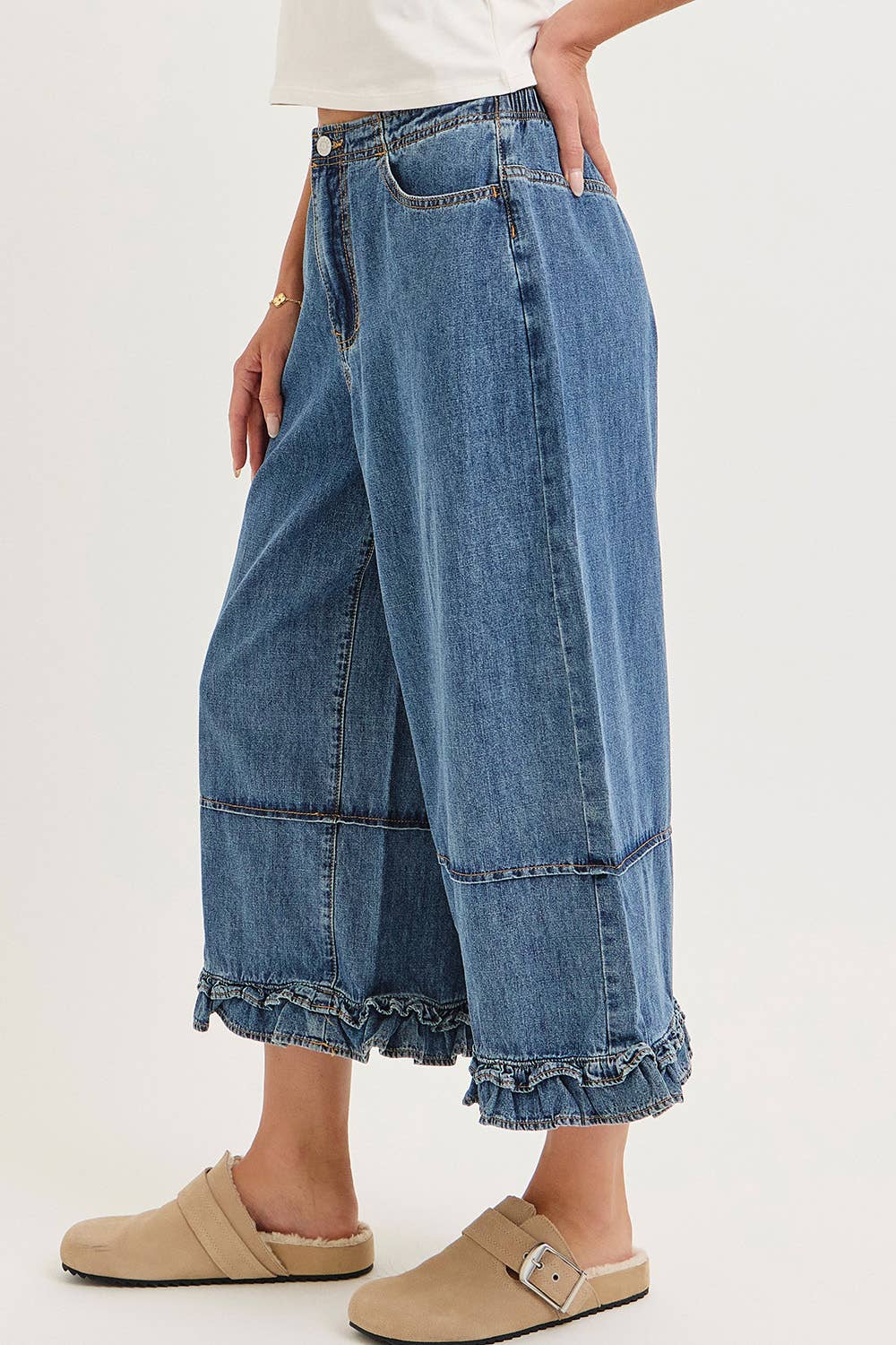 Hayes Wide-Leg Cropped Ruffle Denim