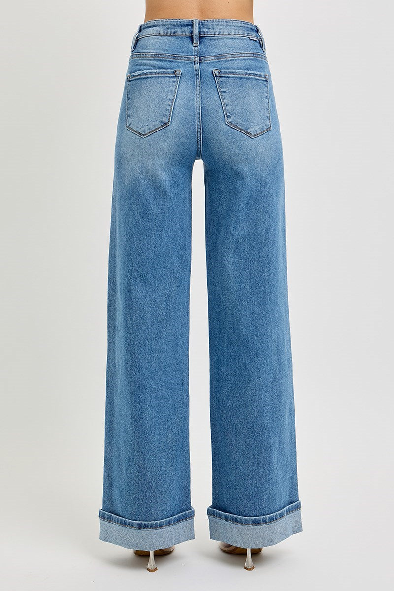 Risen Tummy Control High-Rise Wide Cuffed Jeans