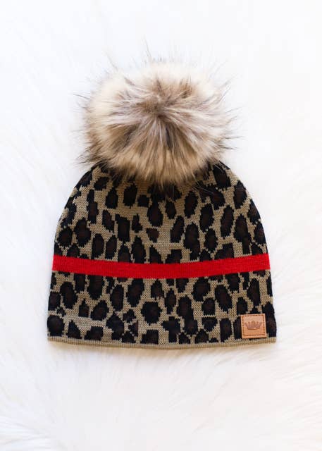 Leopard w/ Red Stripe Pom Hat