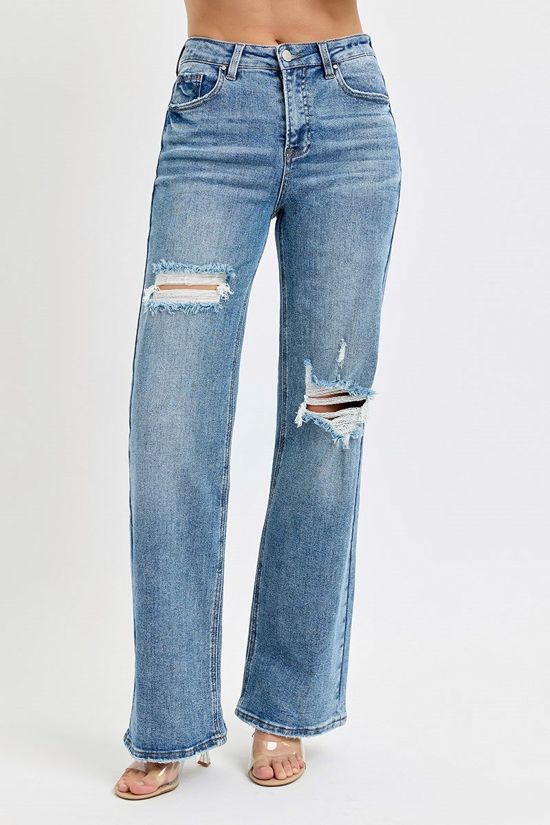 Risen High-Rise Wide Leg Ripped Jeans