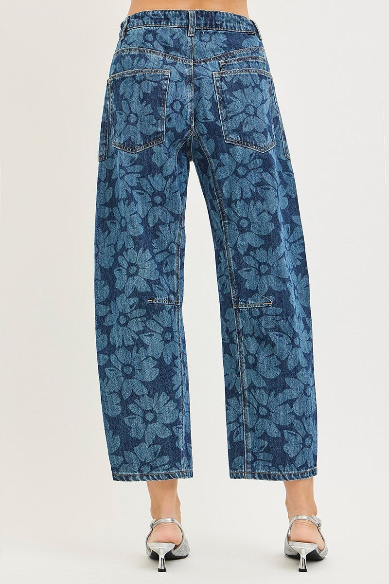 Risen Floral Cropped Barrel Jeans | Dark