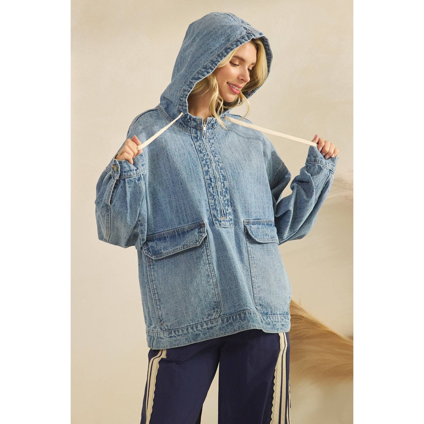 Liv Hooded Quarterzip Denim Jacket