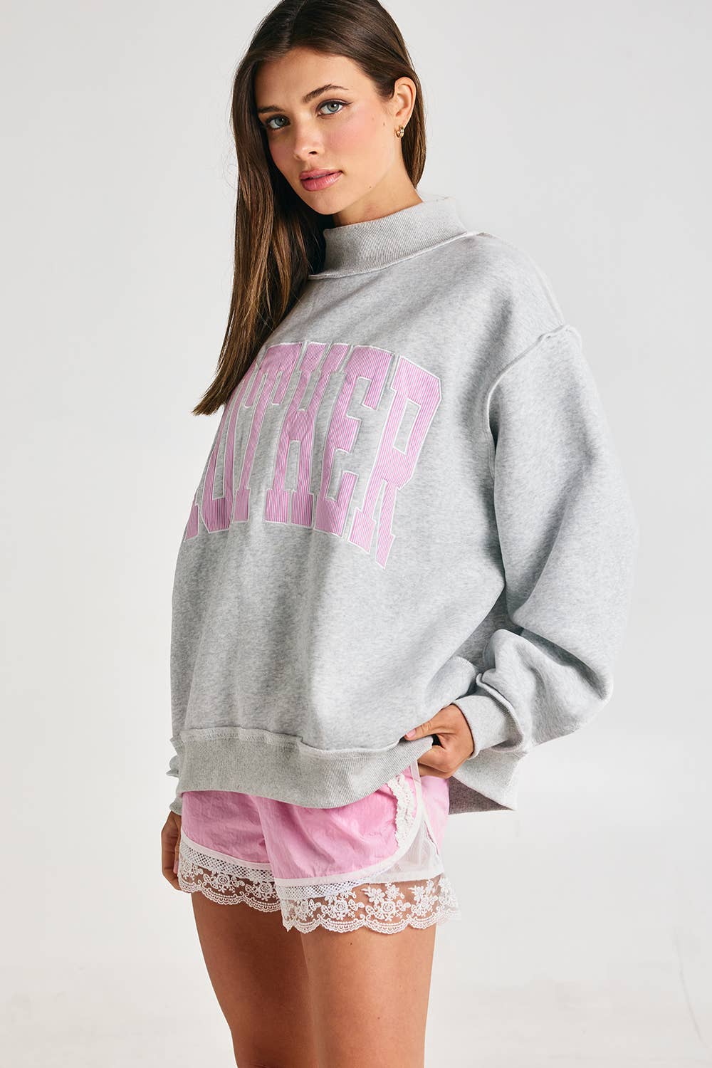 Mother Embroidered Mock Neck Sweatshirt | Grey/Pink