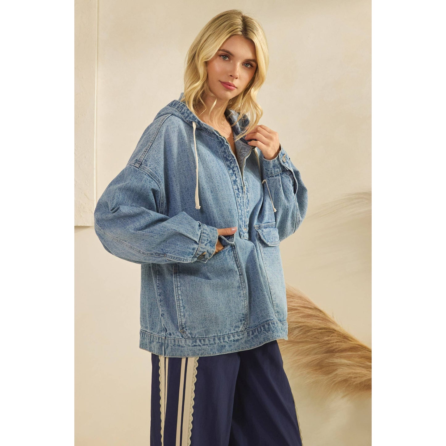 Liv Hooded Quarterzip Denim Jacket