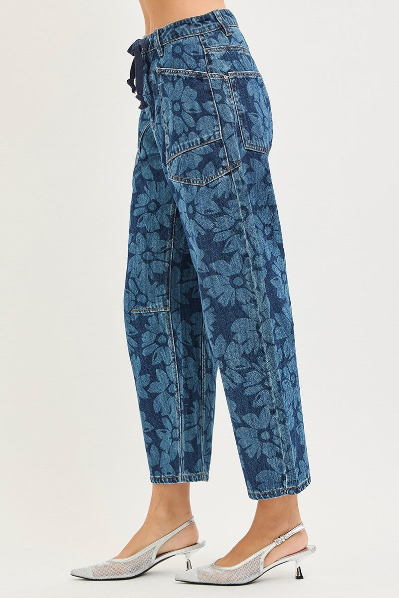 Risen Floral Cropped Barrel Jeans | Dark