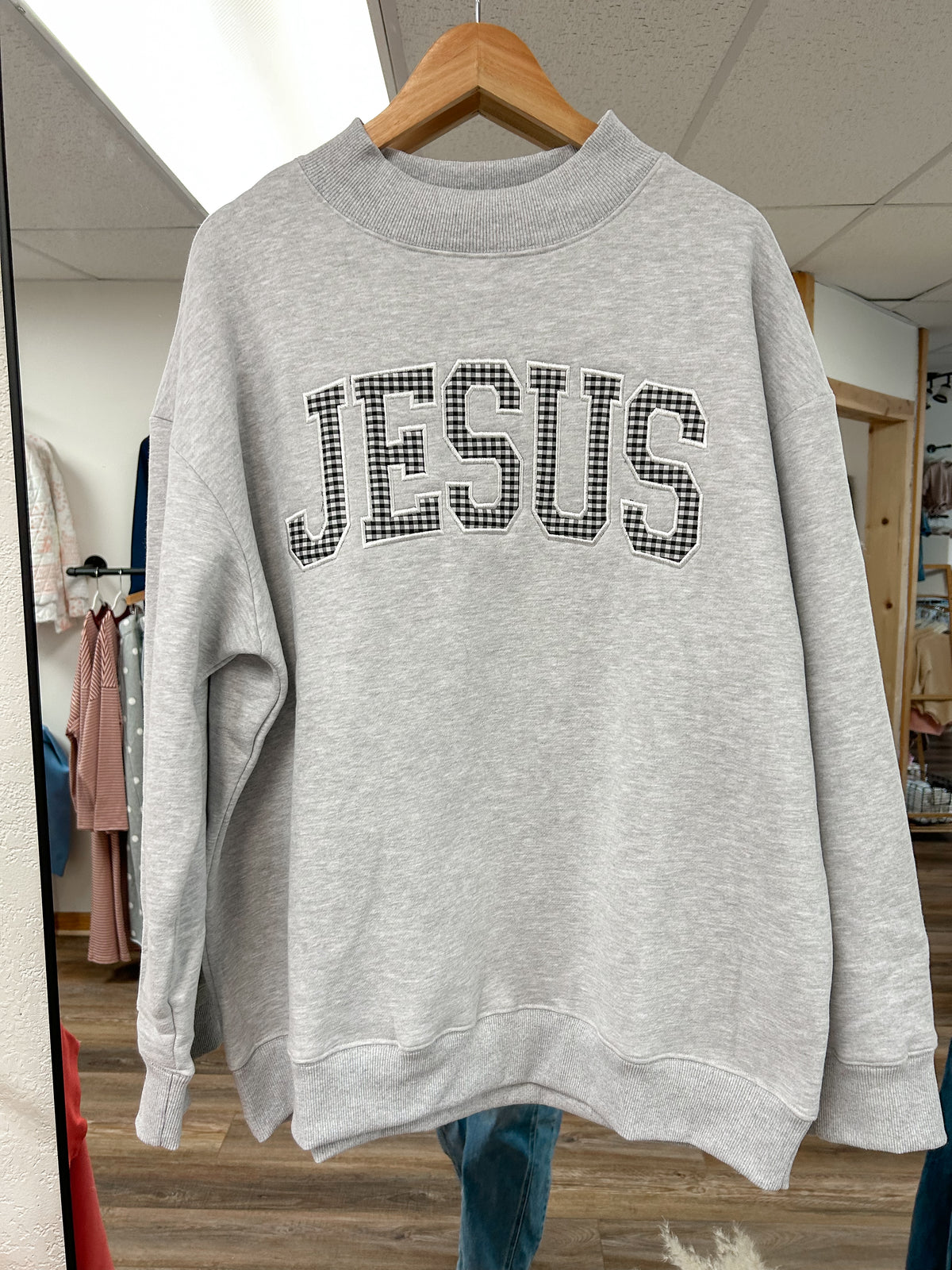 Jesus Gingham Embroidered Mock Neck