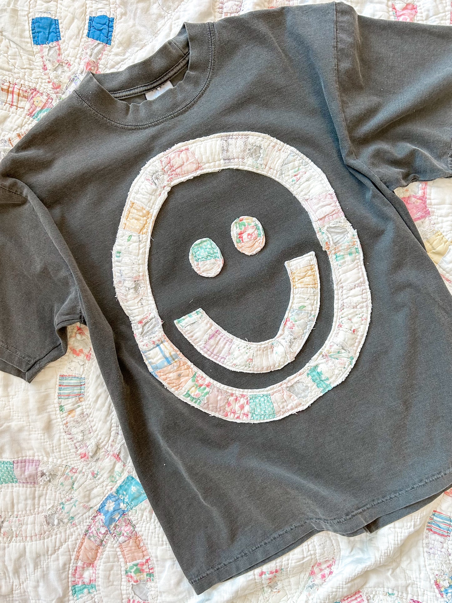 Smiley Quilted Patchwork Oversized Tee - L