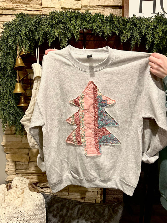 Pink Tree Quilted Patchwork Crewneck | Ash Gray - Large