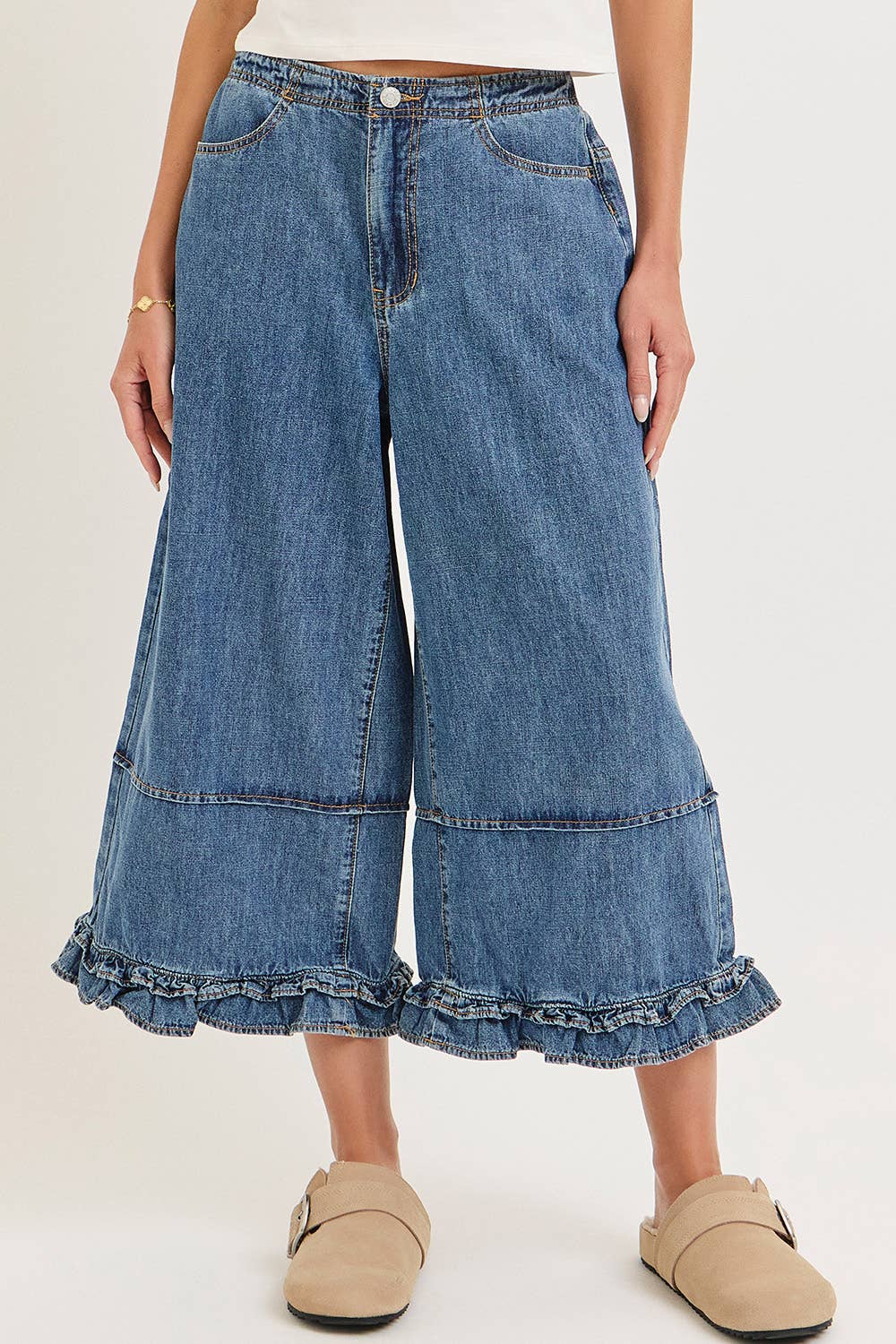 Hayes Wide-Leg Cropped Ruffle Denim